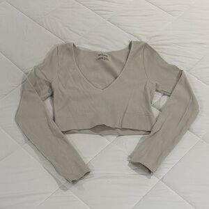 Garage Ribbed Long Sleeve Crop Top - Beige